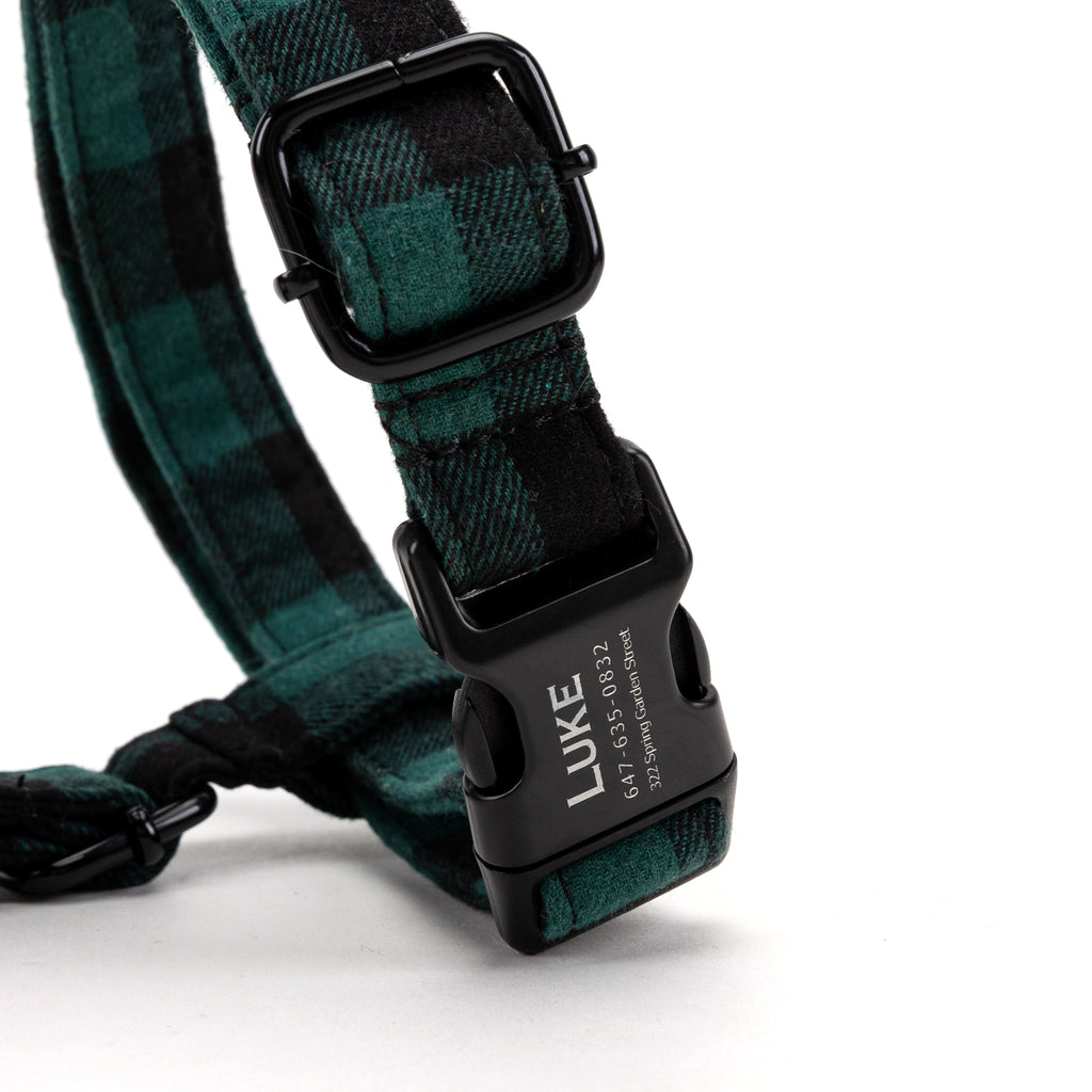 100% Cotton Adjustable No Pull Dog Harness Plaid Green BUCKLE