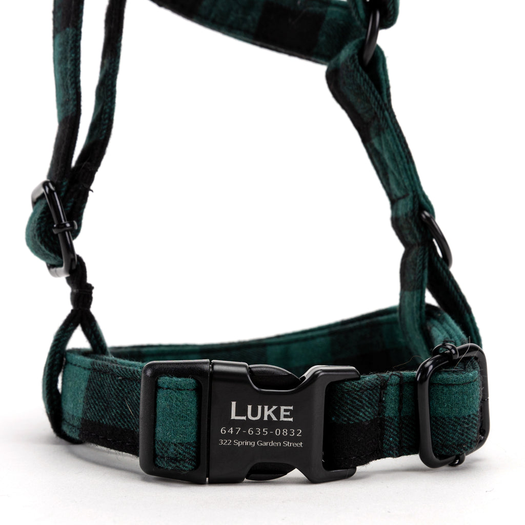 100% Cotton Adjustable No Pull Dog Harness Plaid Green FRONT