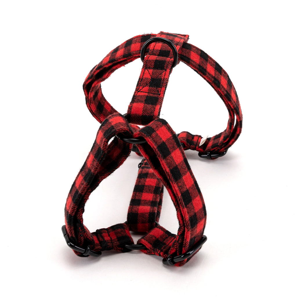 100% Cotton Adjustable No Pull Dog Harness Buffalo Plaid Red BACK
