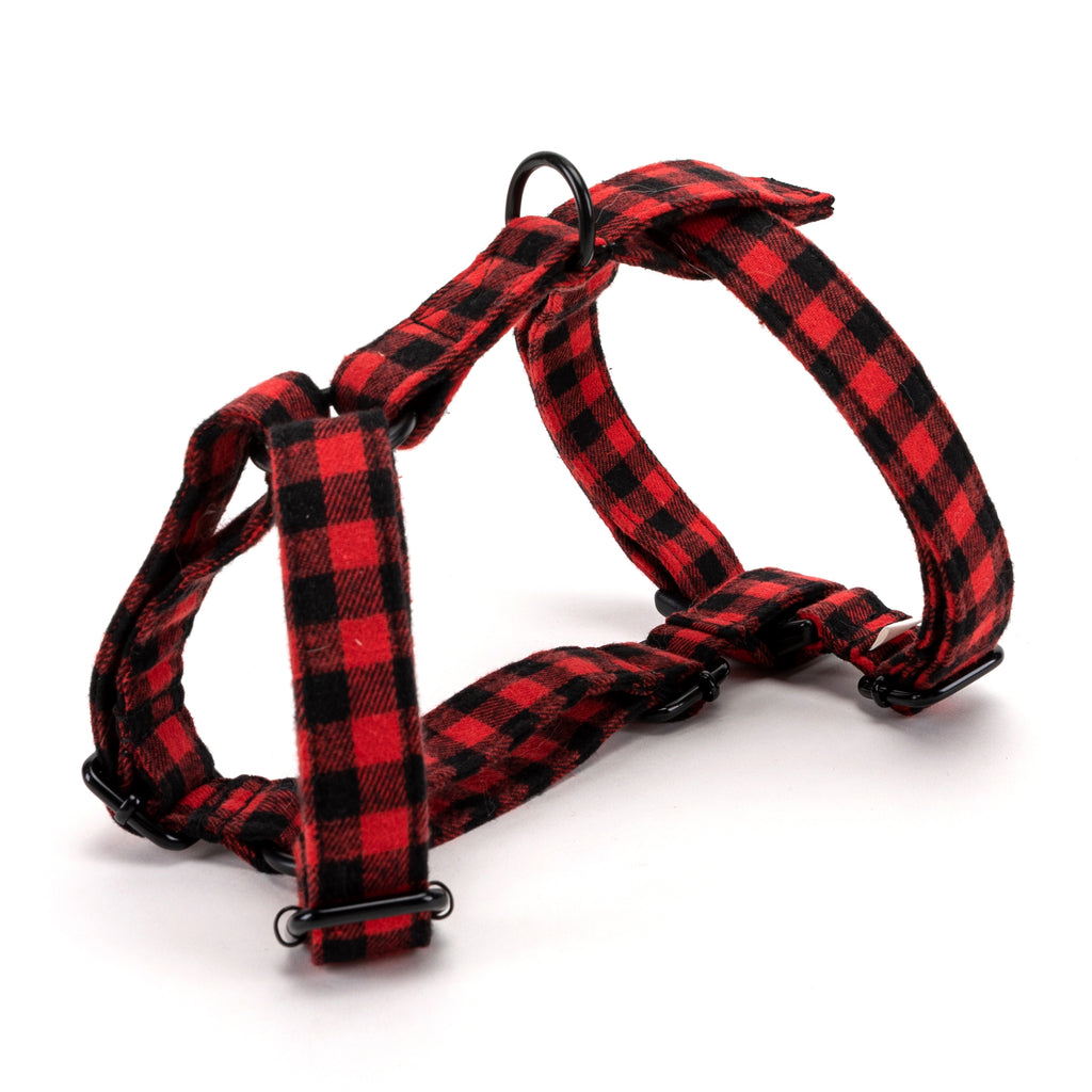 100% Cotton Adjustable No Pull Dog Harness Buffalo Plaid Red SIDE