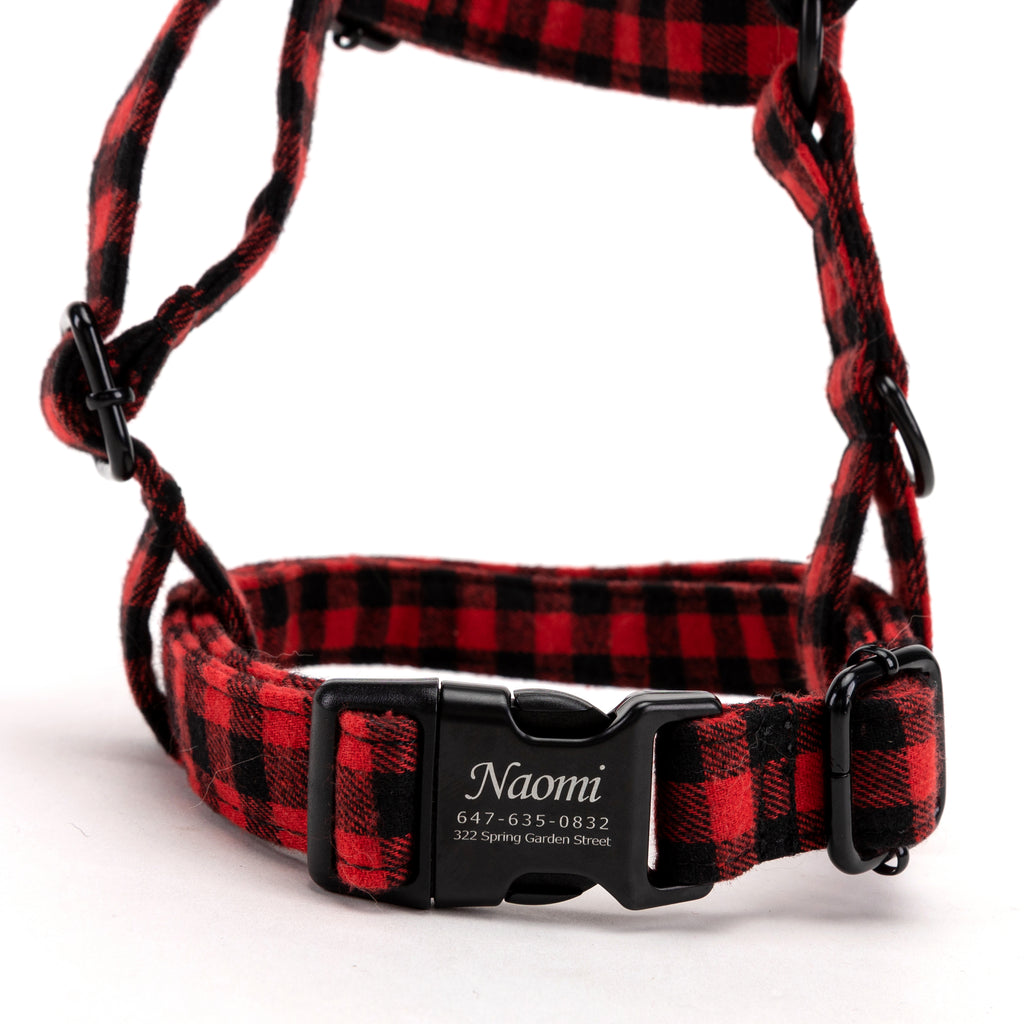 100% Cotton Adjustable No Pull Dog Harness Buffalo Plaid Red FRONT