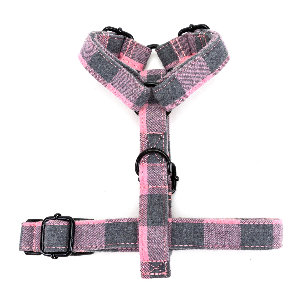 100% Cotton Adjustable No Pull Dog Harness Plaid Pink BOTTOM