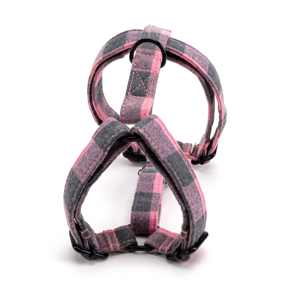 100% Cotton Adjustable No Pull Dog Harness Plaid Pink BACK