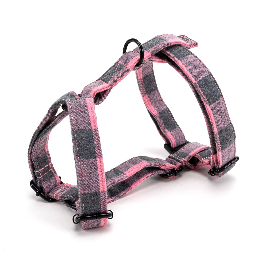100% Cotton Adjustable No Pull Dog Harness Plaid Pink SIDE