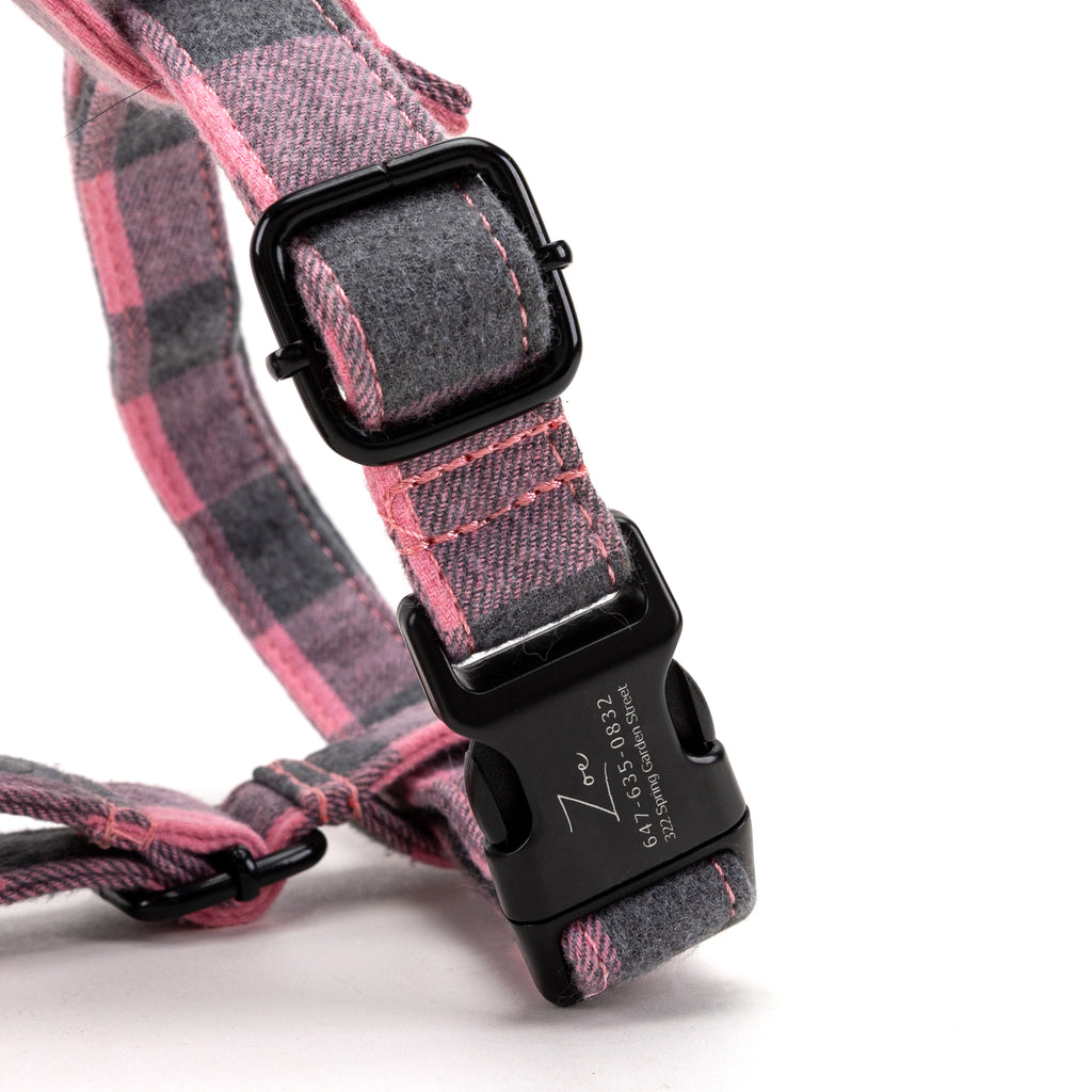 100% Cotton Adjustable No Pull Dog Harness Plaid Pink BUCKLE