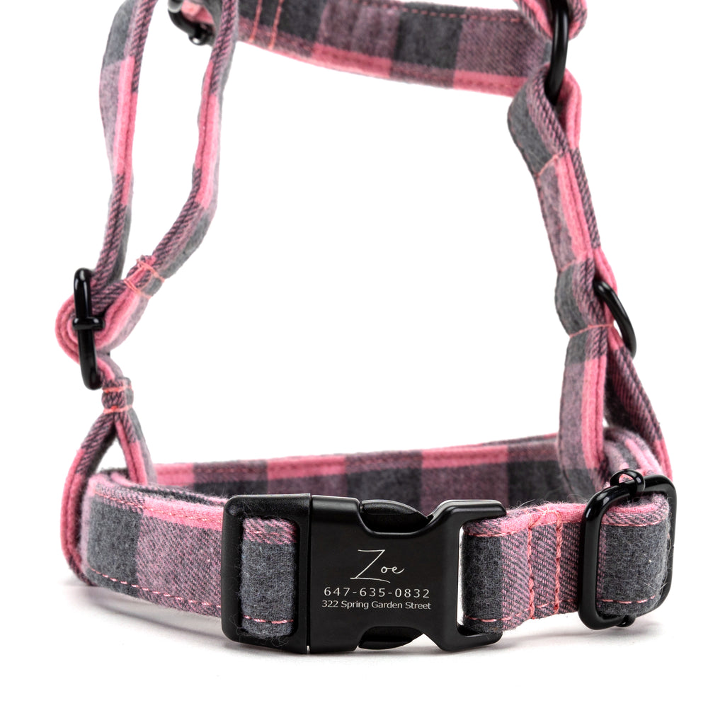 100% Cotton Adjustable No Pull Dog Harness Plaid Pink FRONT