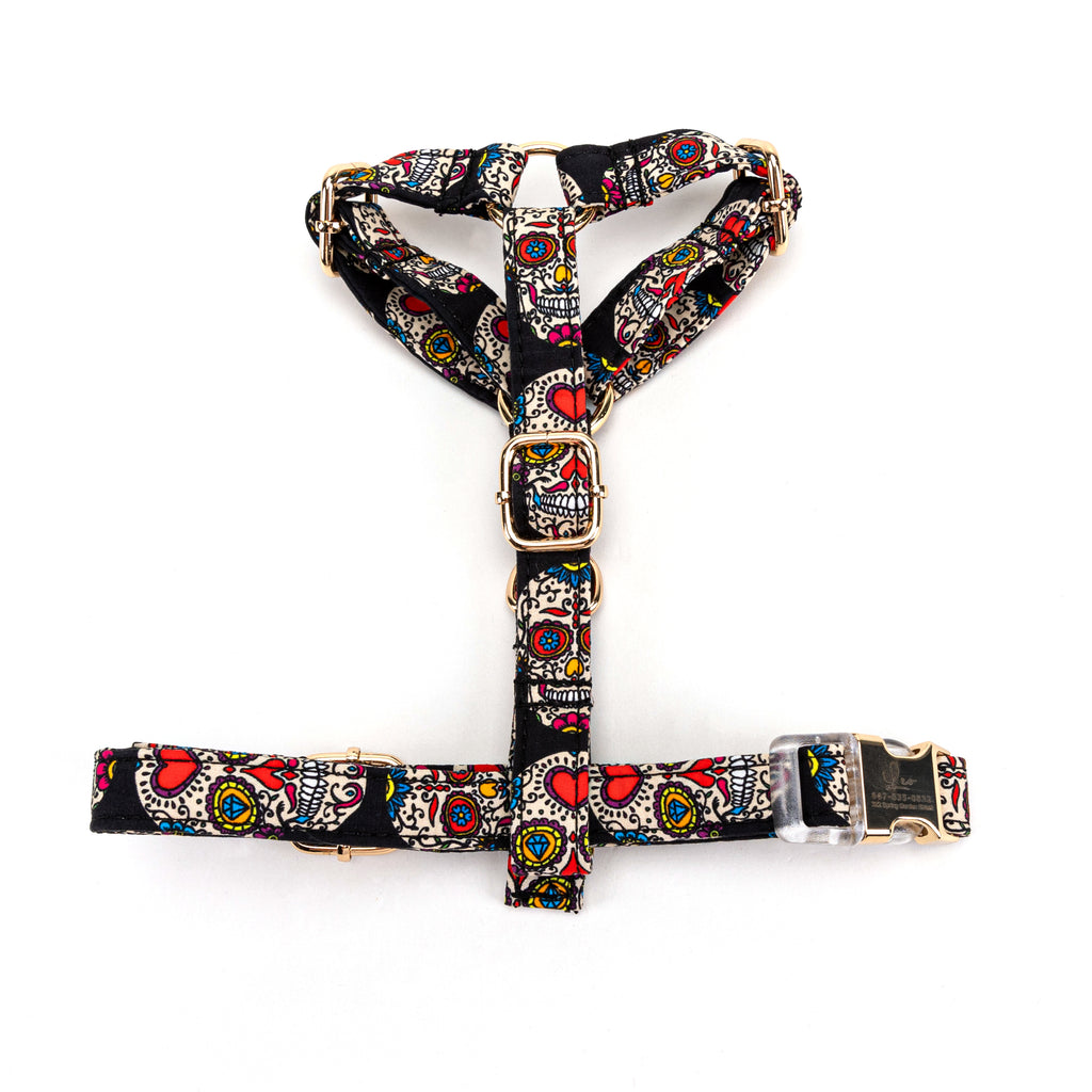 100% Cotton Adjustable No Pull Dog Harness  Sugar Skull top