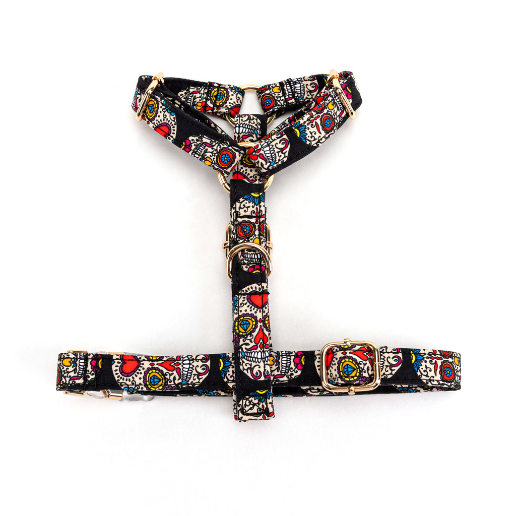100% Cotton Adjustable No Pull Dog Harness  Sugar Skull bottom