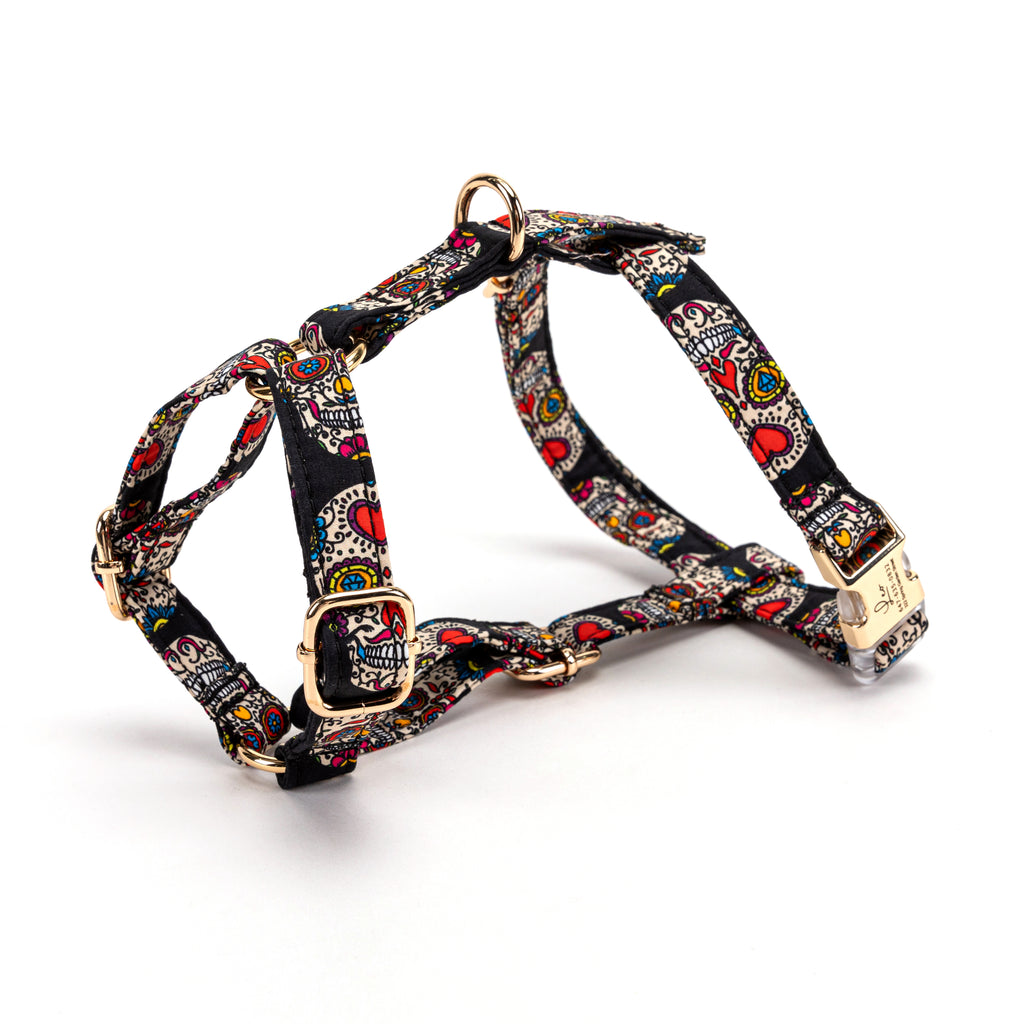 100% Cotton Adjustable No Pull Dog Harness  Sugar Skull side