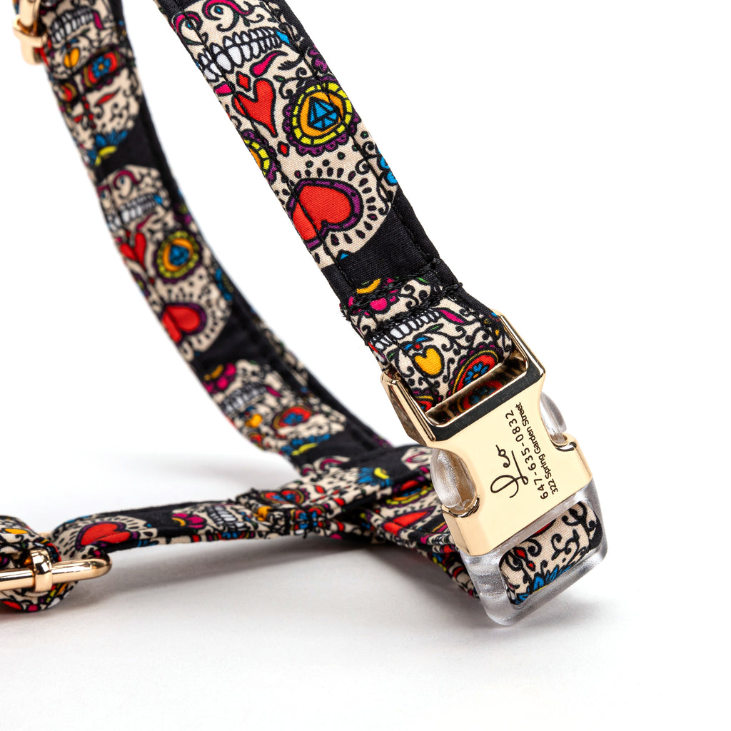 100% Cotton Adjustable No Pull Dog Harness  Sugar Skull detail