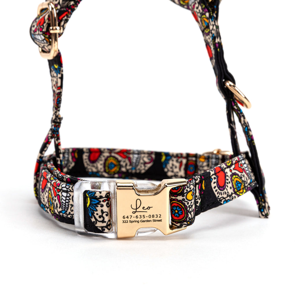 100% Cotton Adjustable No Pull Dog Harness  Sugar Skull front