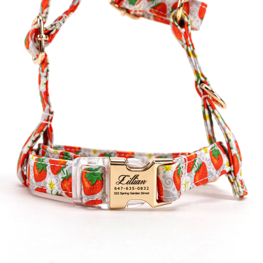 100% Cotton Adjustable No Pull Dog Harness Dancing Strawberries front