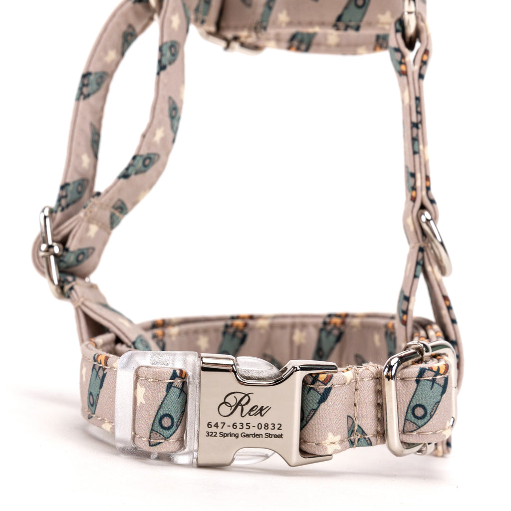 100% Cotton Adjustable No Pull Dog Harness  Retro Rocket front