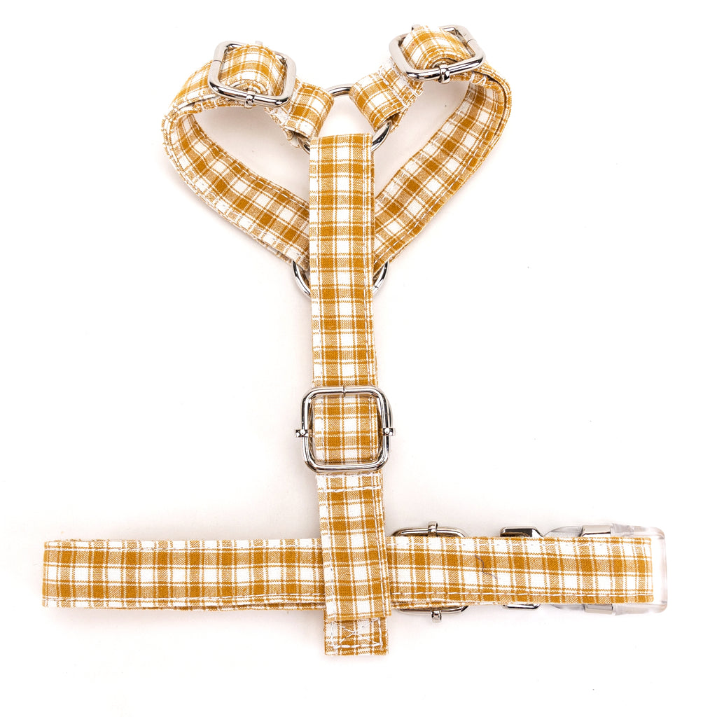 100% Cotton Adjustable No Pull Dog Harness Gingham Yellow BOTTOM