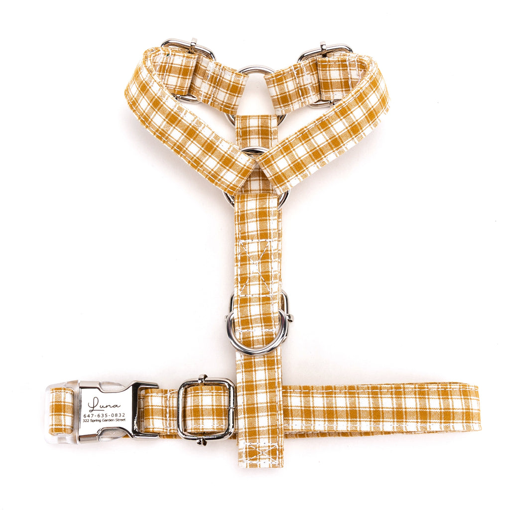 100% Cotton Adjustable No Pull Dog Harness Gingham Yellow TOP