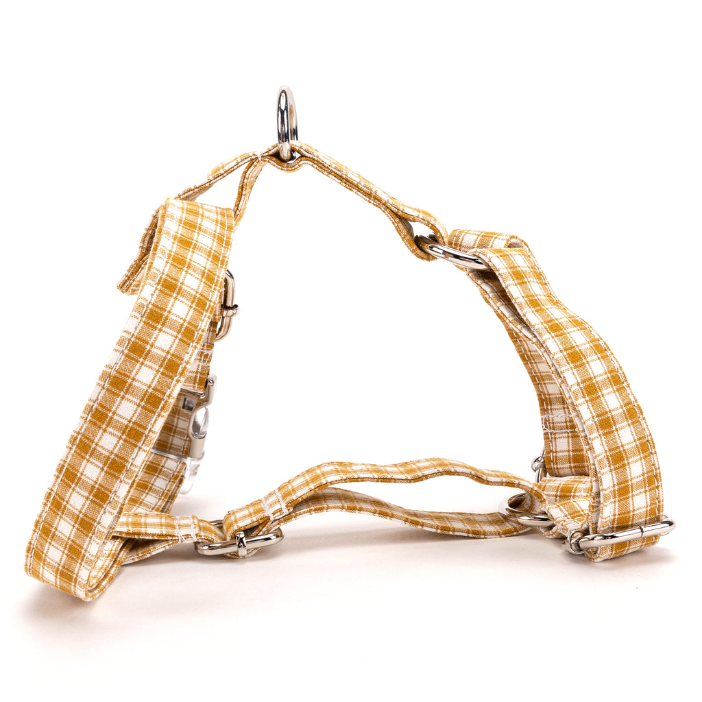 100% Cotton Adjustable No Pull Dog Harness Gingham Yellow MAIN
