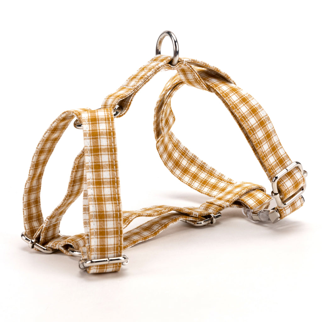 100% Cotton Adjustable No Pull Dog Harness Gingham Yellow SIDE
