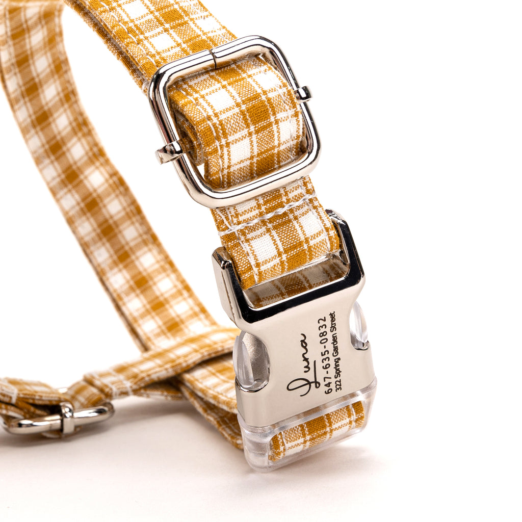 100% Cotton Adjustable No Pull Dog Harness Gingham Yellow BUCKLE