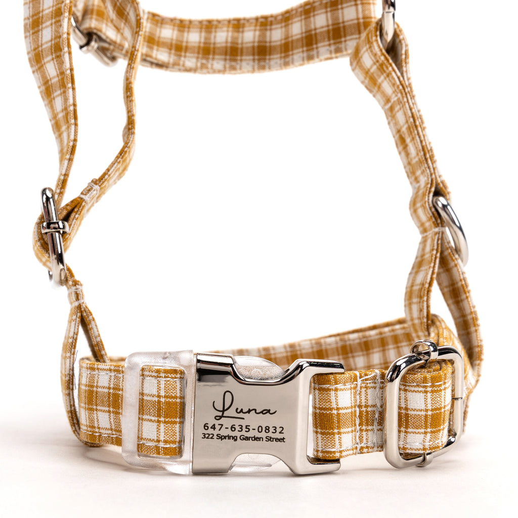 100% Cotton Adjustable No Pull Dog Harness Gingham Yellow FRONT