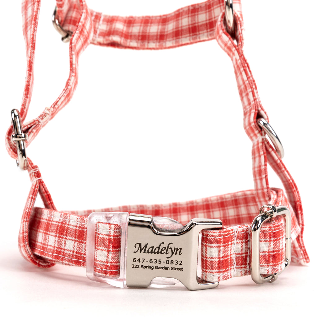100% Cotton Adjustable No Pull Dog Harness Gingham Orange FRONT