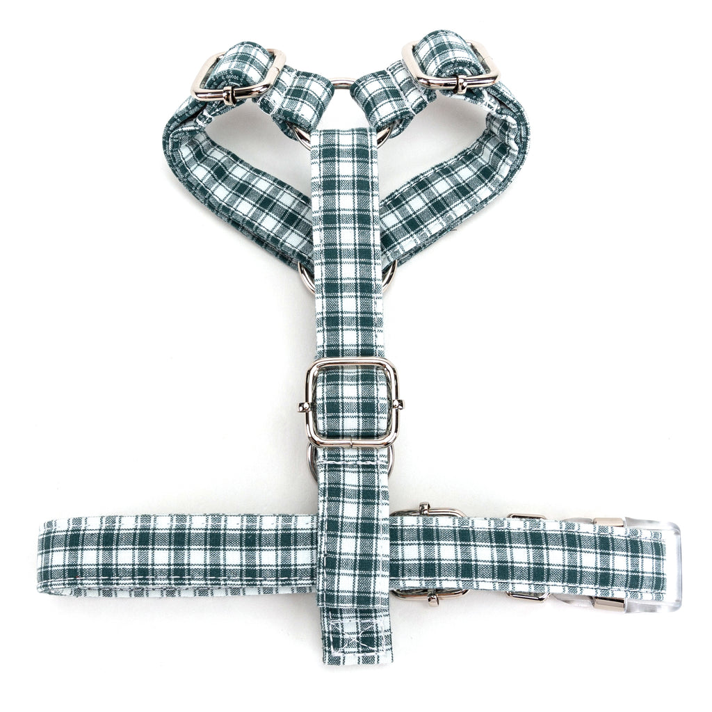 100% Cotton Adjustable No Pull Dog Harness Gingham Green BOTTOM