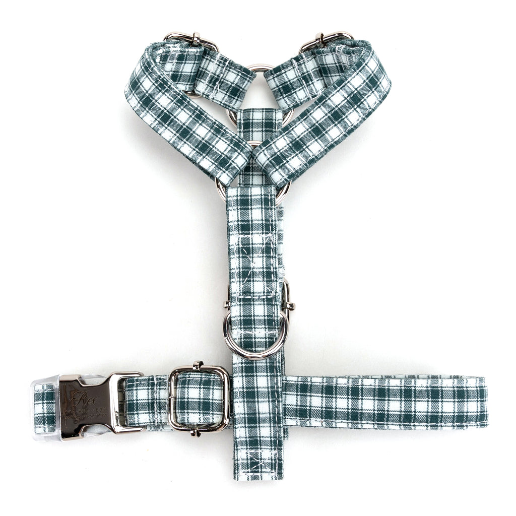 100% Cotton Adjustable No Pull Dog Harness Gingham Green TOP