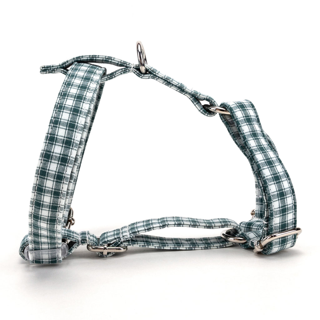 100% Cotton Adjustable No Pull Dog Harness Gingham Green MAIN