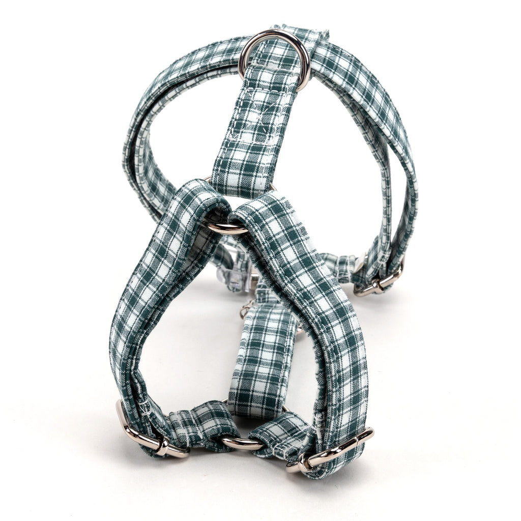 100% Cotton Adjustable No Pull Dog Harness Gingham Green BACK