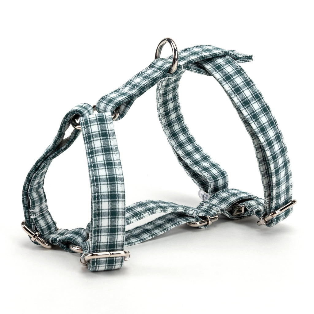 100% Cotton Adjustable No Pull Dog Harness Gingham Green SIDE