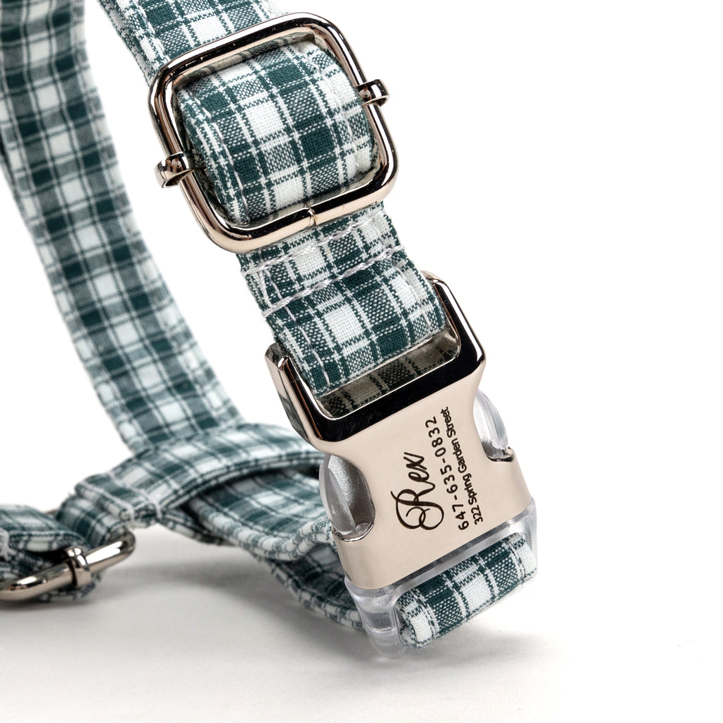 100% Cotton Adjustable No Pull Dog Harness Gingham Green BUCKLE