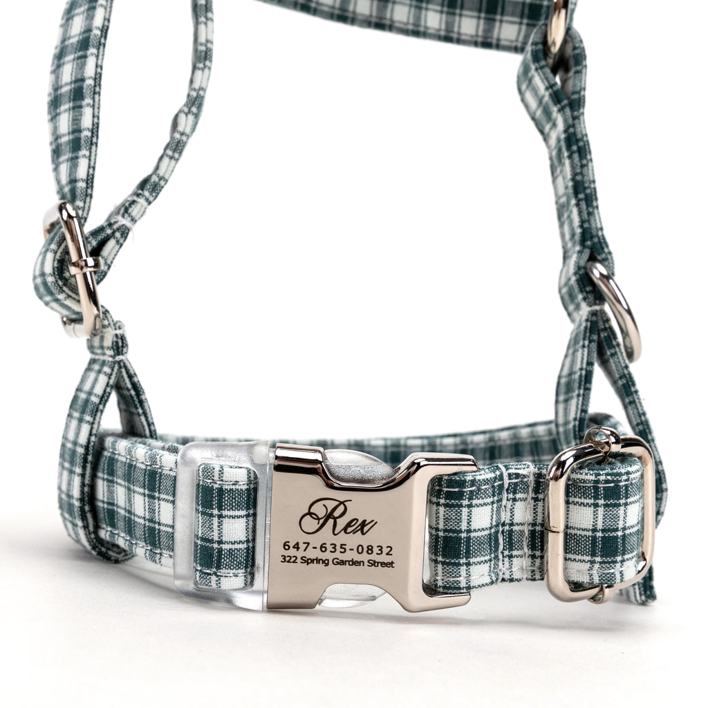 100% Cotton Adjustable No Pull Dog Harness Gingham Green FRONT