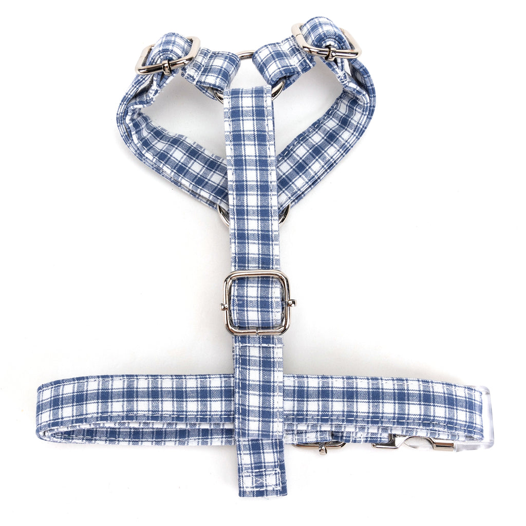 100% Cotton Adjustable No Pull Dog Harness Gingham Blue BOTTOM