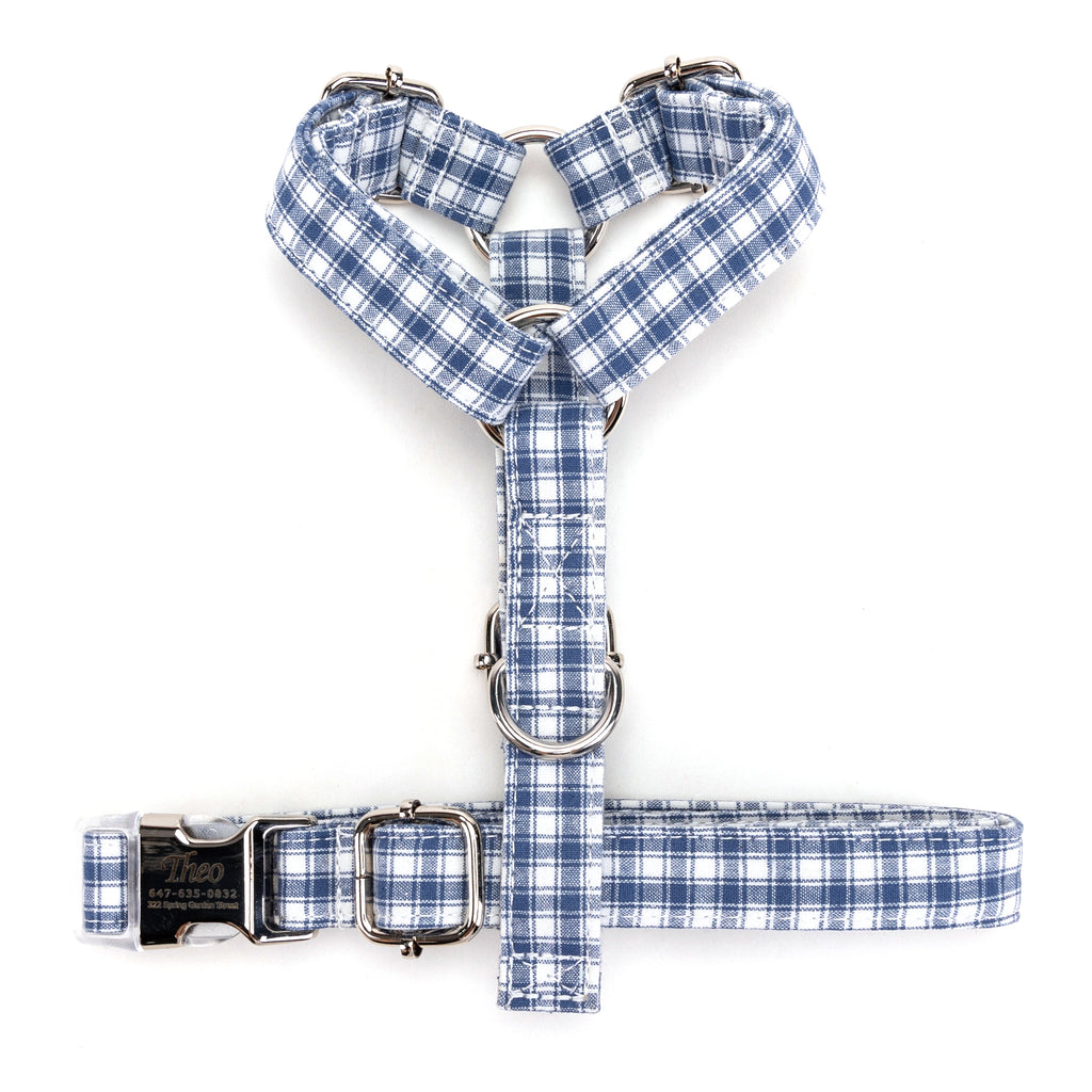 100% Cotton Adjustable No Pull Dog Harness Gingham Blue TOP