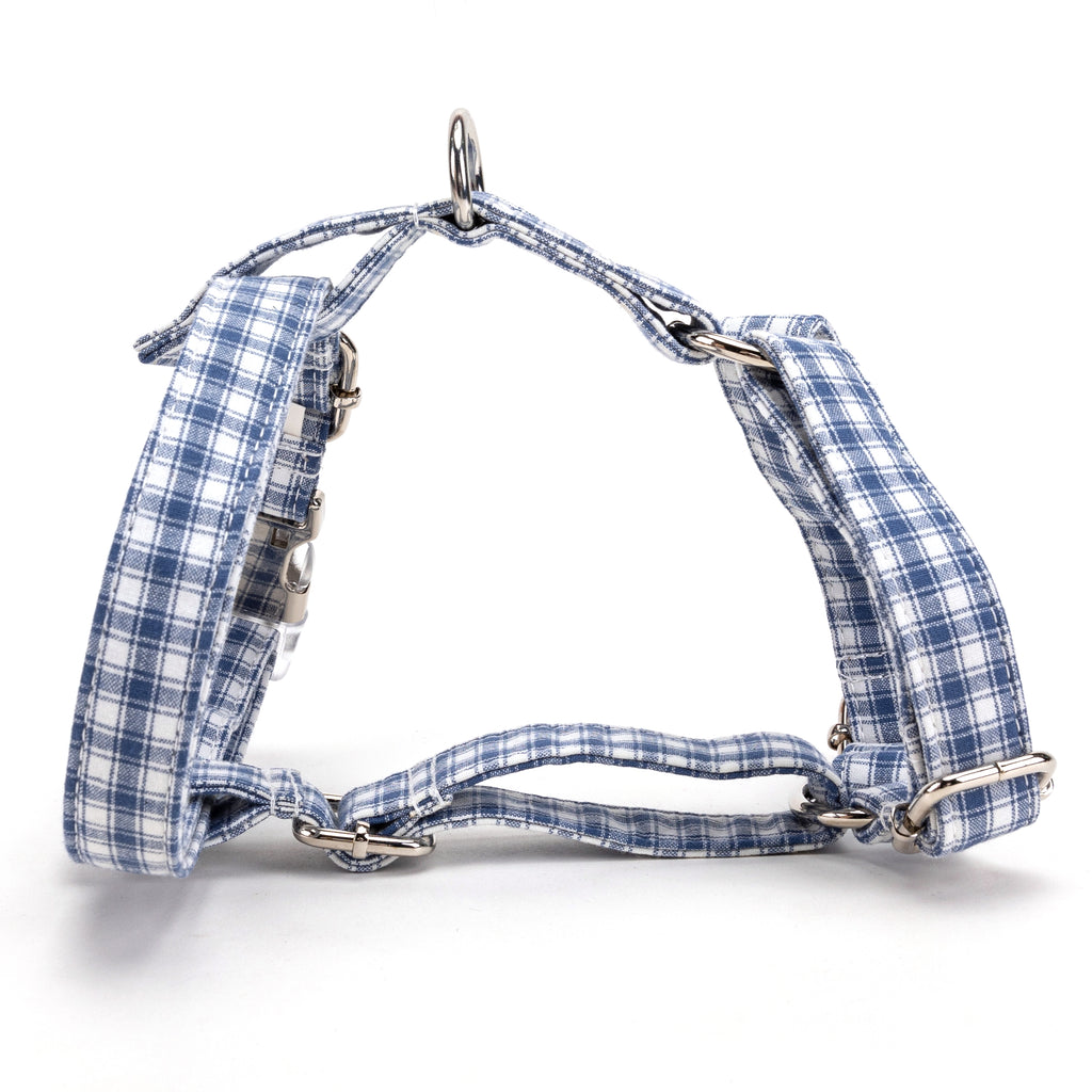 100% Cotton Adjustable No Pull Dog Harness Gingham Blue MIAN
