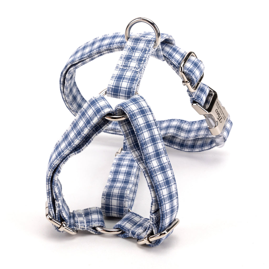 100% Cotton Adjustable No Pull Dog Harness Gingham Blue BACK