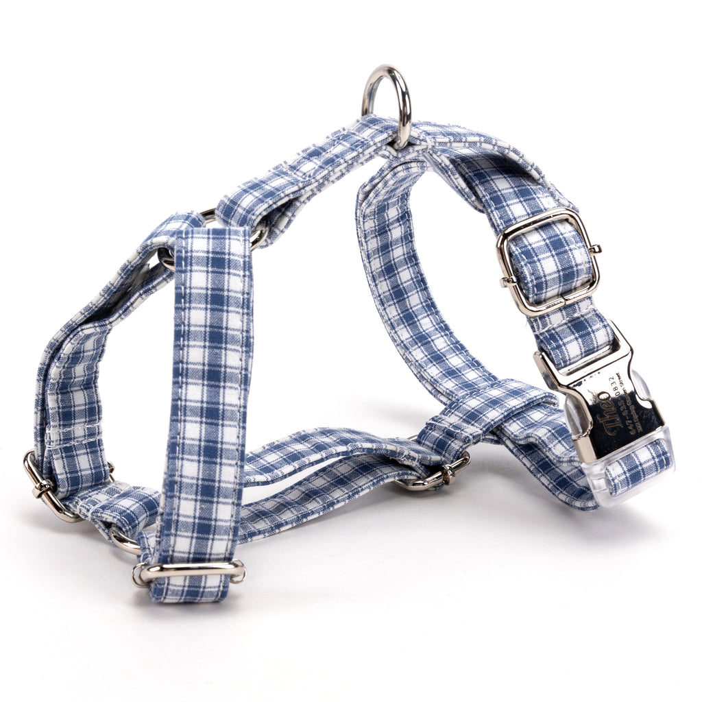 100% Cotton Adjustable No Pull Dog Harness Gingham Blue SIDE