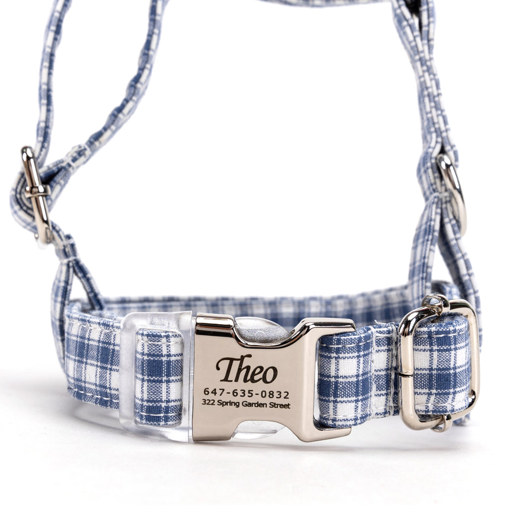 100% Cotton Adjustable No Pull Dog Harness Gingham Blue FRONT