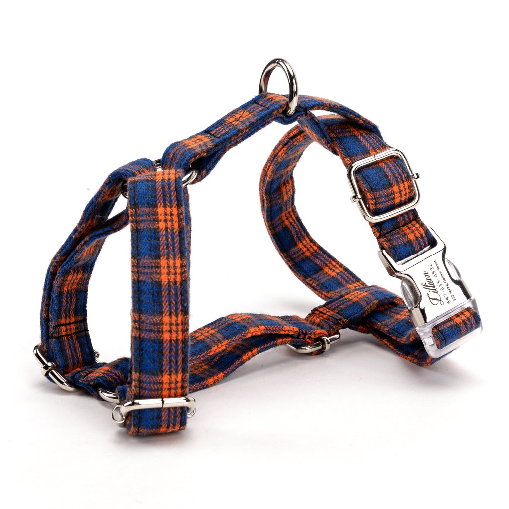 100% Cotton Adjustable No Pull Dog Harness MacDonald Orange & Blue SIDE
