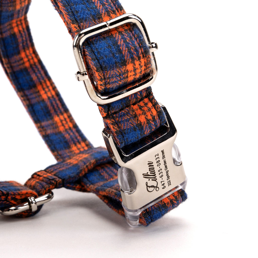 100% Cotton Adjustable No Pull Dog Harness MacDonald Orange & Blue BUCKLE