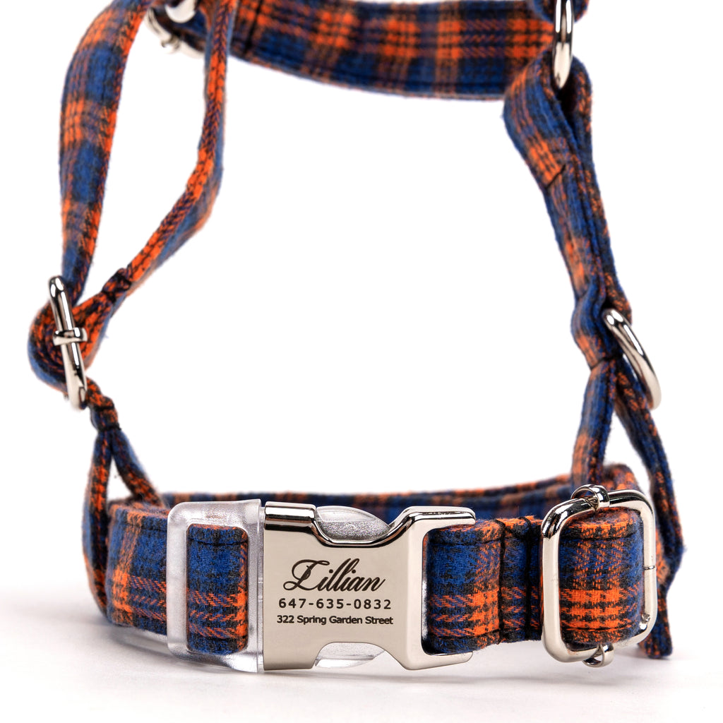 100% Cotton Adjustable No Pull Dog Harness MacDonald Orange & Blue FRONT
