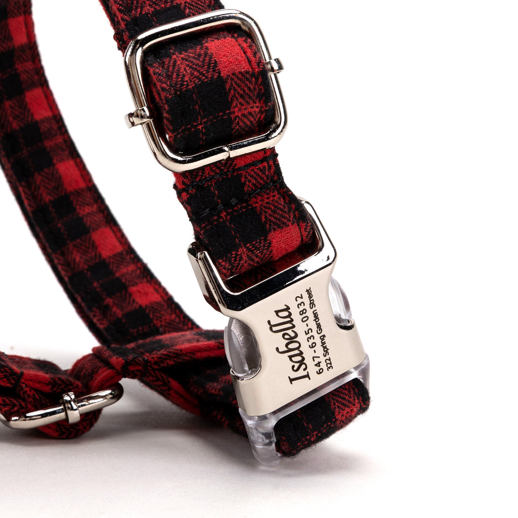 100% Cotton Adjustable No Pull Dog Harness Black Watch Red BUCKLE