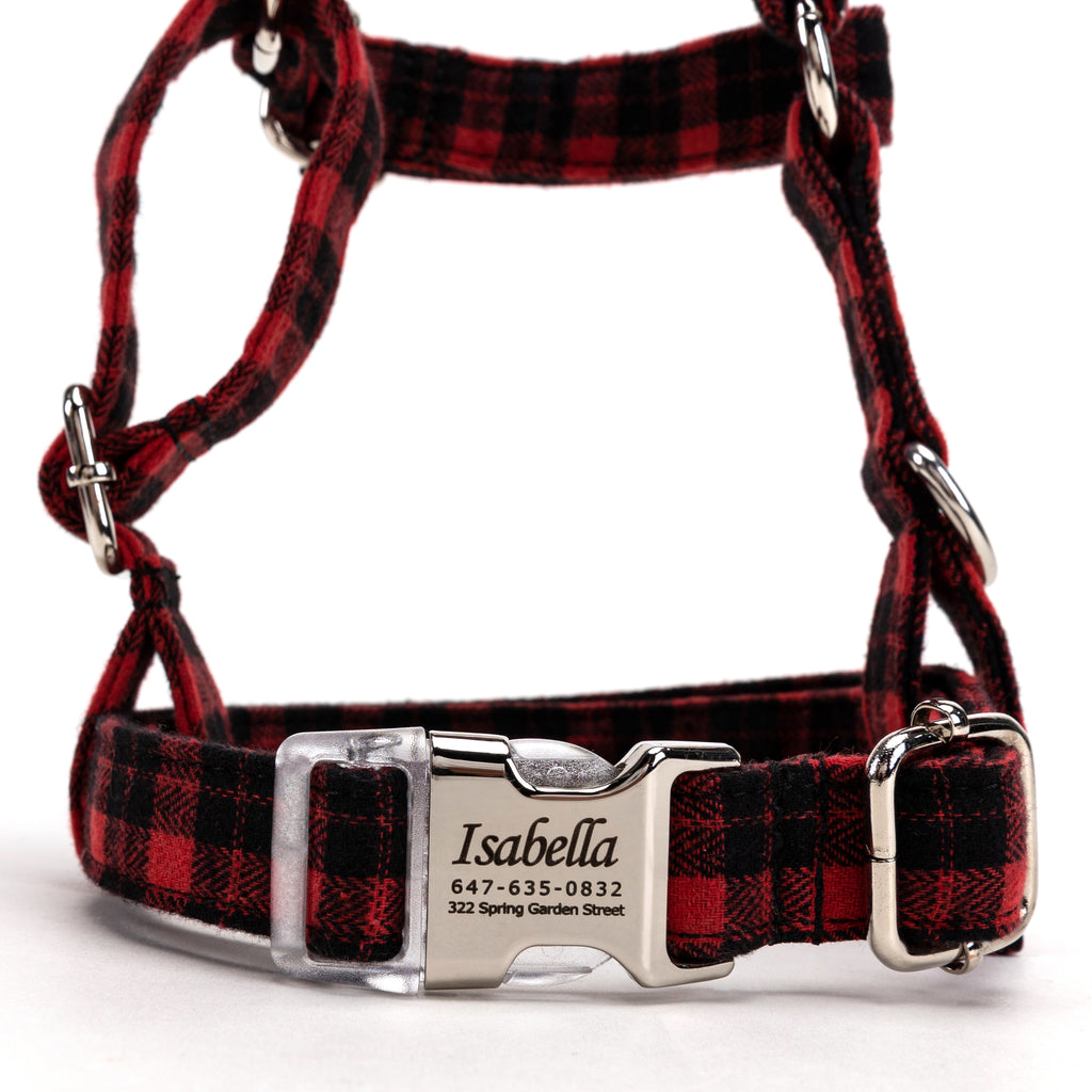 100% Cotton Adjustable No Pull Dog Harness Black Watch Red FRONT
