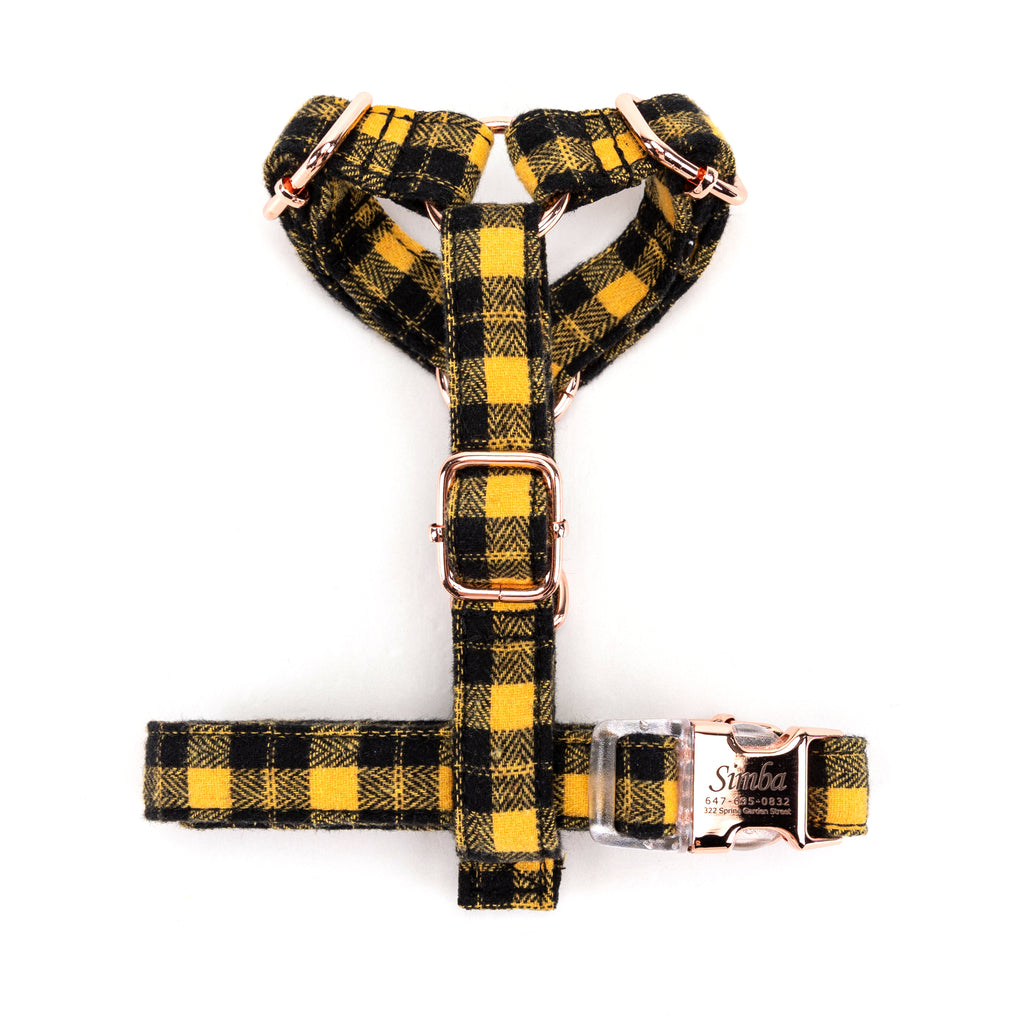 100% Cotton Adjustable No Pull Dog Harness Black Watch Yellow top