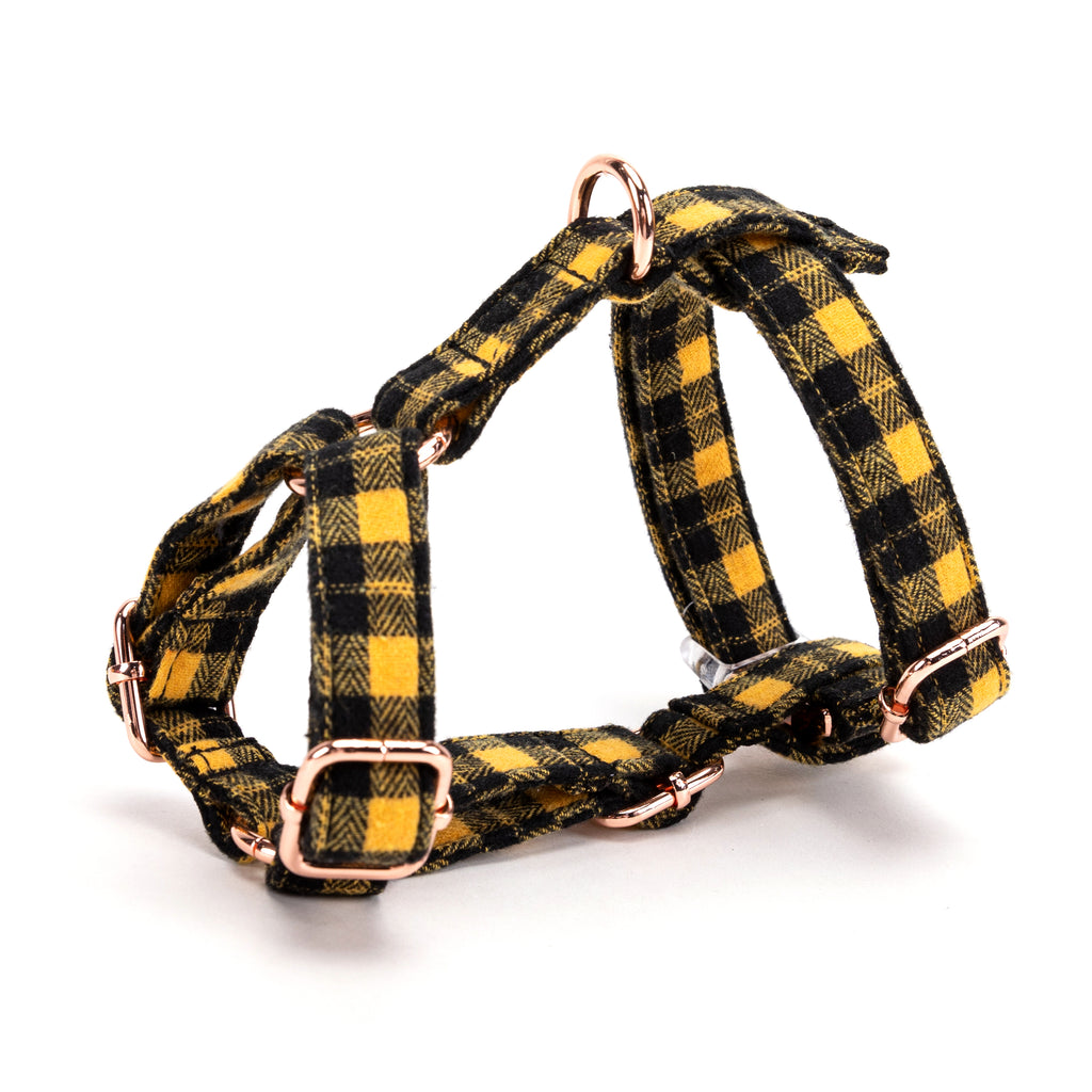 100% Cotton Adjustable No Pull Dog Harness Black Watch Yellow side
