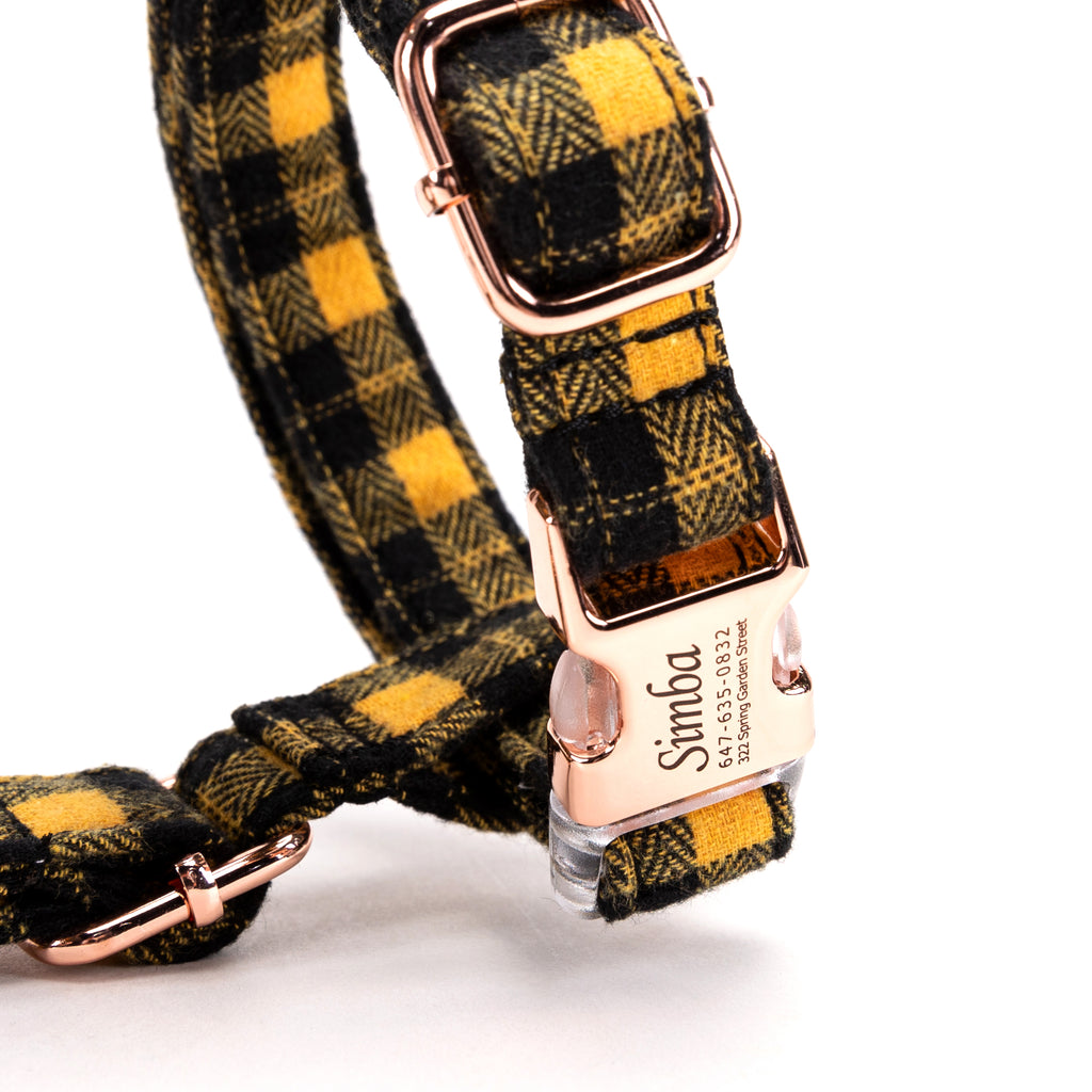 100% Cotton Adjustable No Pull Dog Harness Black Watch Yellow buckle