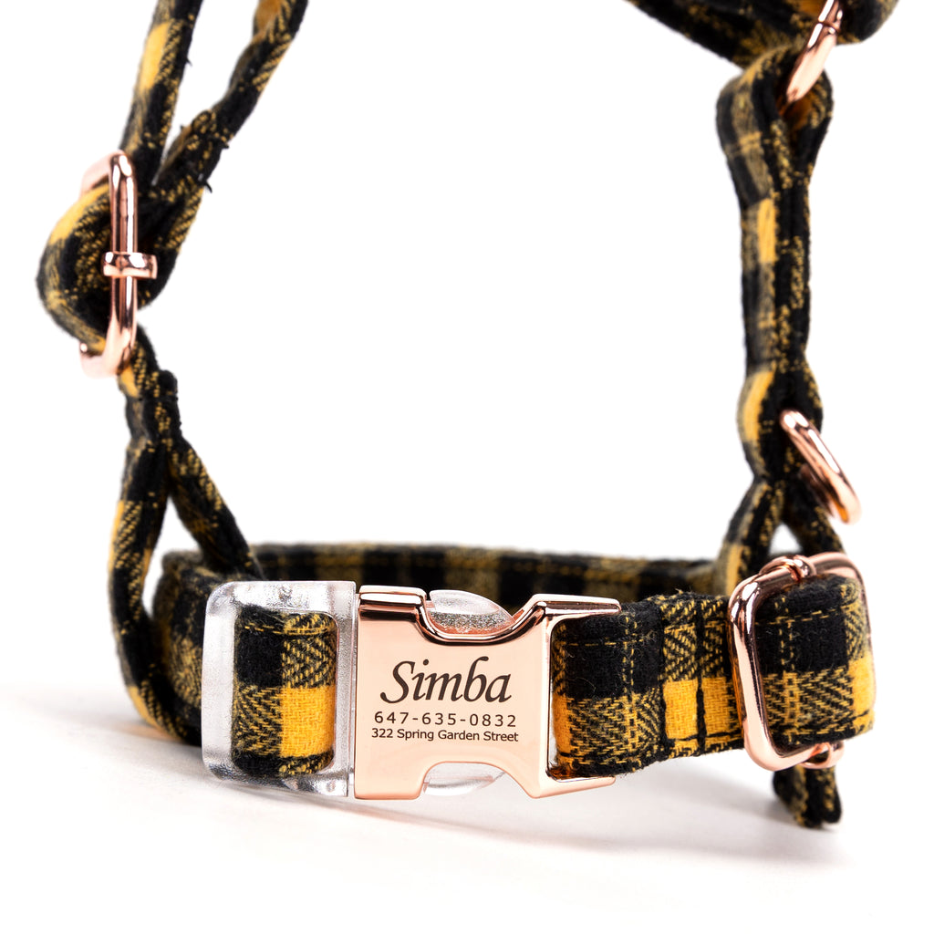 100% Cotton Adjustable No Pull Dog Harness Black Watch Yellow front