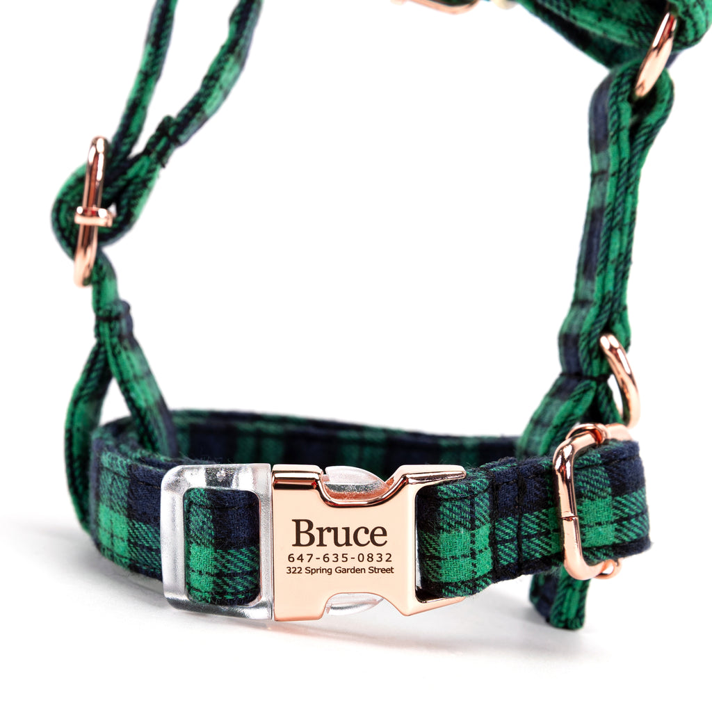 100% Cotton Adjustable No Pull Dog Harness Black Watch Lime front