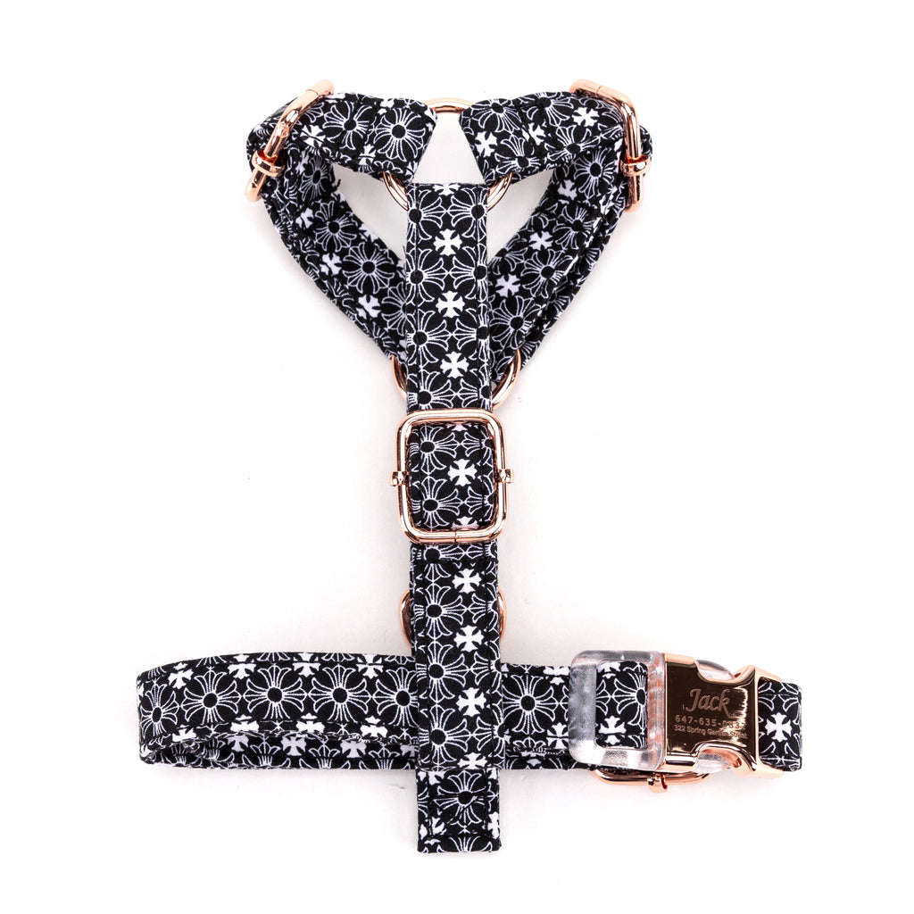 100% Cotton Adjustable No Pull Dog Harness Chrome Hearts Black top
