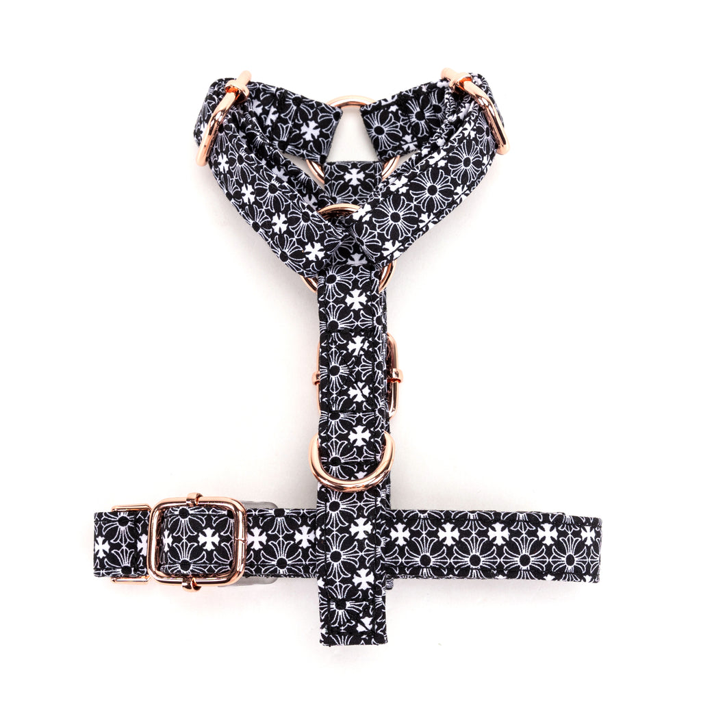 100% Cotton Adjustable No Pull Dog Harness Chrome Hearts Black bottom
