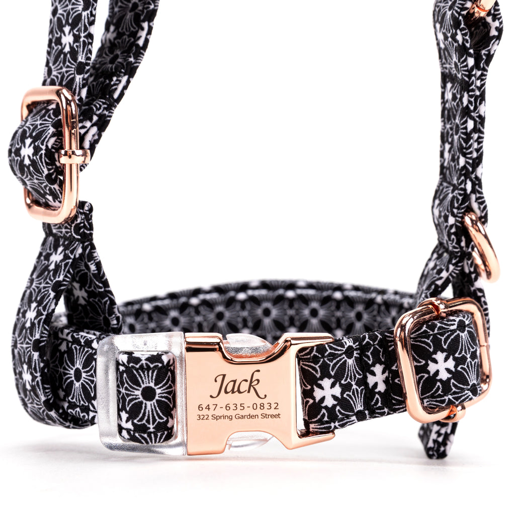 100% Cotton Adjustable No Pull Dog Harness Chrome Hearts Black front